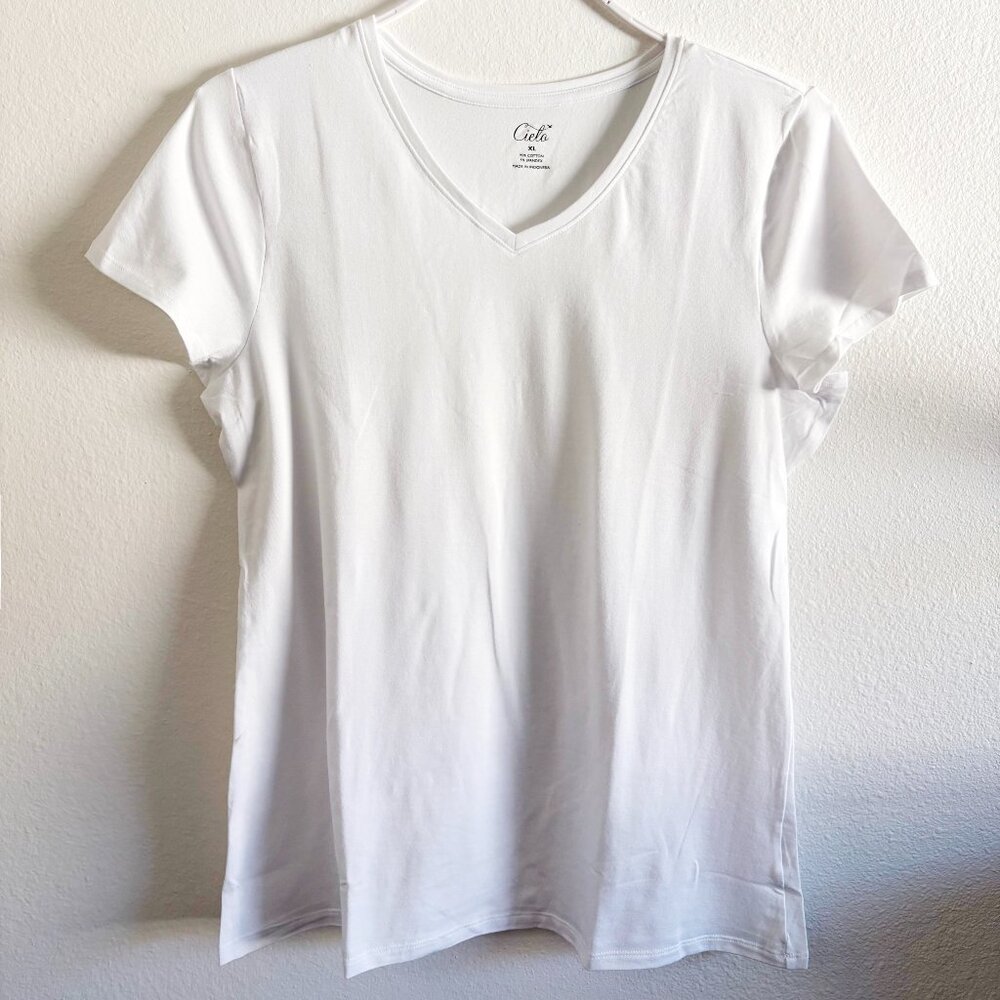 Cielo White V-Neck Short Sleeve T-Shirt Cotton Blend Women's XL New